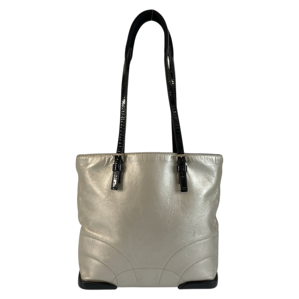 Prada Silver Black Leather Tote Shoulder Bag