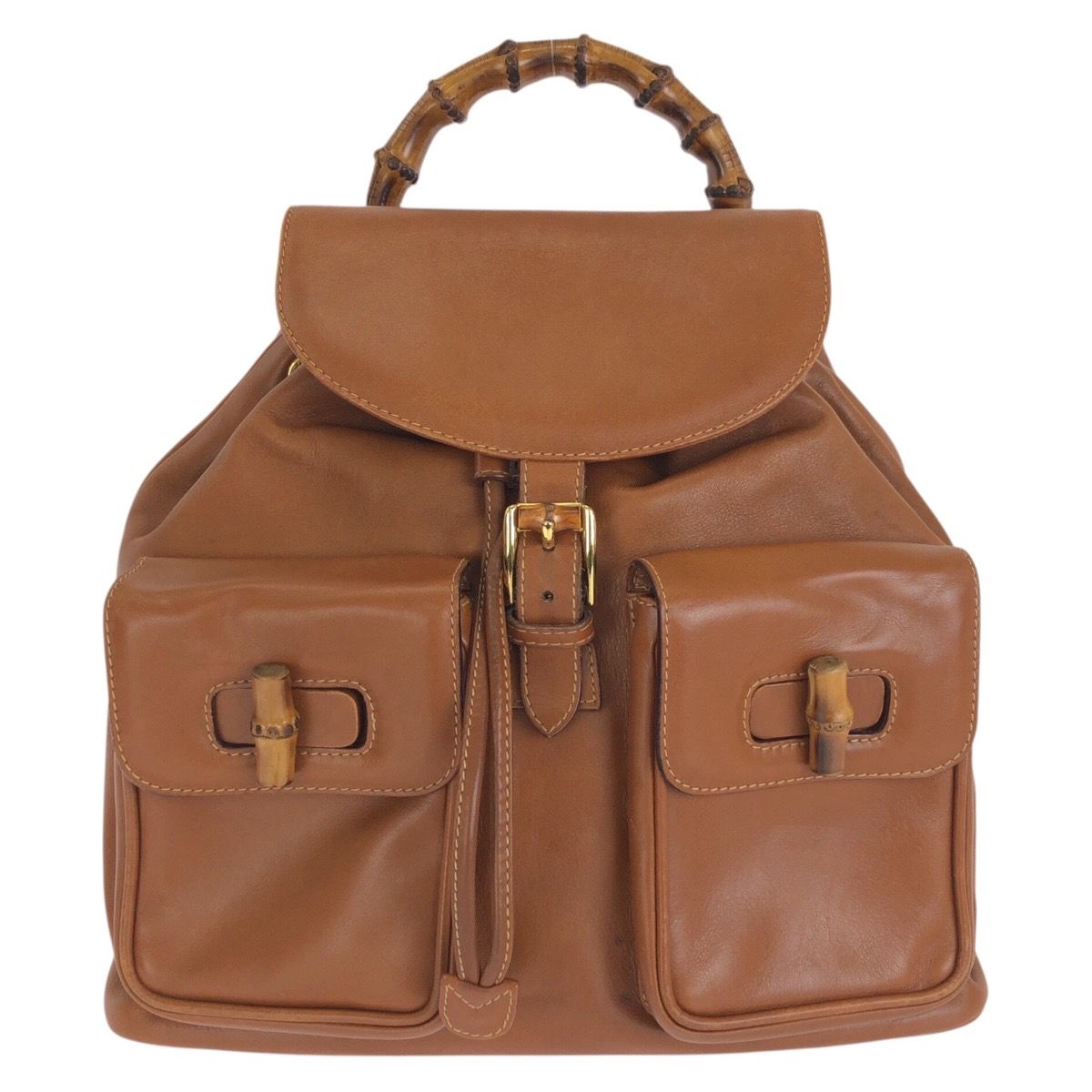 Gucci Vintage Bamboo Brown Gold Leather 003 Backpack