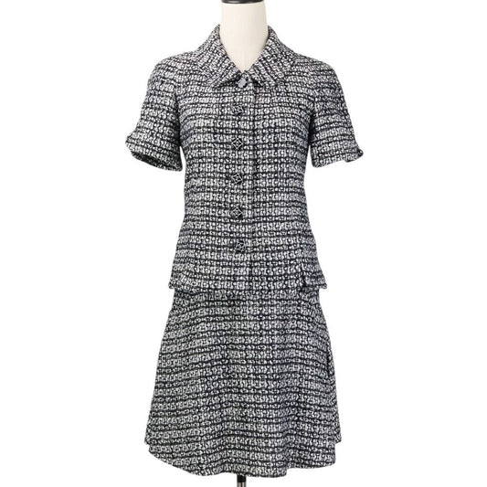 Chanel CC Logo Button Glitter Tweed Short Sleeve Jacket Flare Skirt Set 34