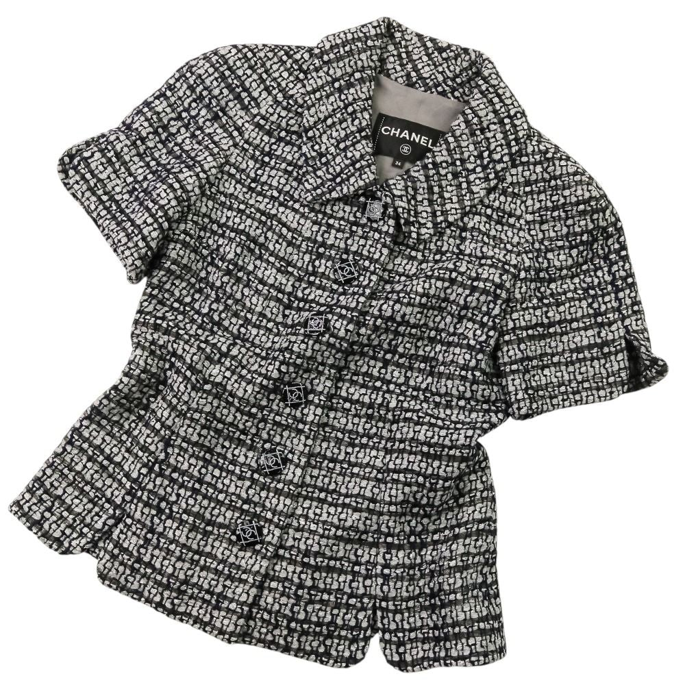Chanel CC Logo Button Glitter Tweed Short Sleeve Jacket Flare Skirt Set 34 — view 5