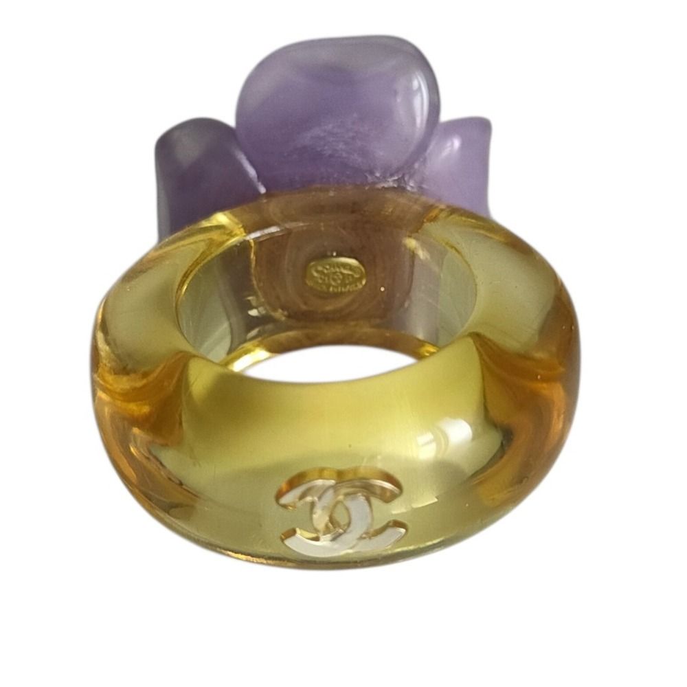 Chanel CC Logo Camellia Motif Clear Ring Purple Yellow — view 4