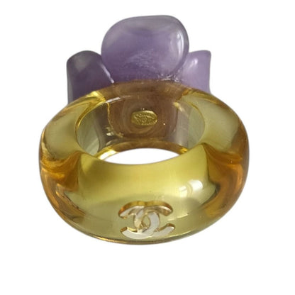 Chanel CC Logo Camellia Motif Clear Ring Purple Yellow — view 4