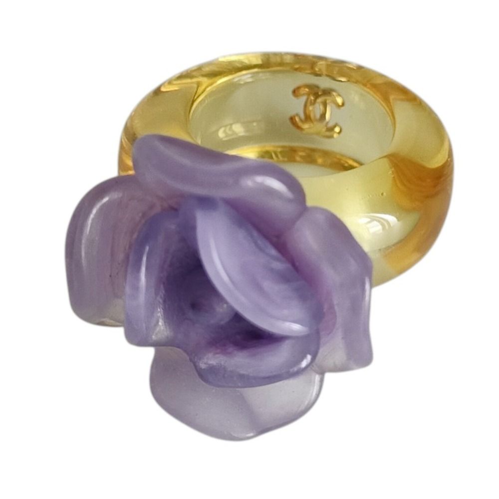Chanel CC Logo Camellia Motif Clear Ring Purple Yellow