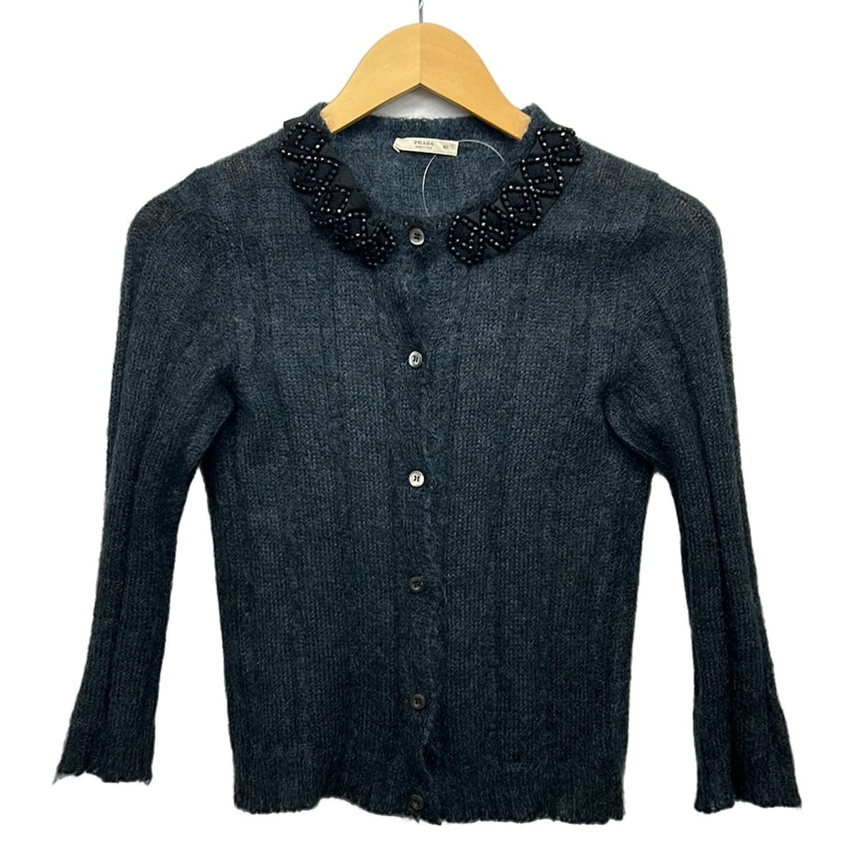 Prada Cardigan M Navy Black Beads/ribbon 40