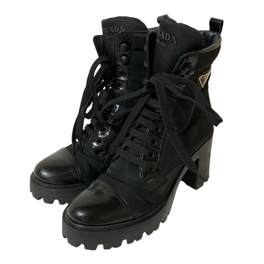 Prada Re-Nylon Triangle Plate Lace-up Boots Black Autumn Winter