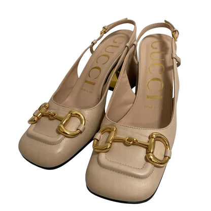 Gucci Horsebit Square Toe Chunky Heel Slingback Pumps Pink Beige Spring