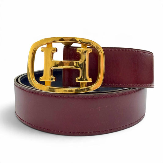 Hermes Vintage Leather Gold H Logo Buckle Reversible Belt Navy Bordeaux 90