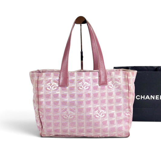 Chanel New Travel Line Tote MM Shoulder Bag Pink Nylon Canvas
