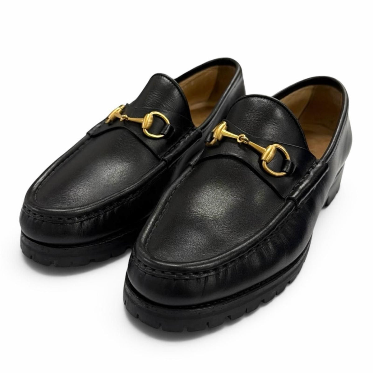 Gucci Horsebit Chip Lug Sole Leather Loafers Black Gold 5.5