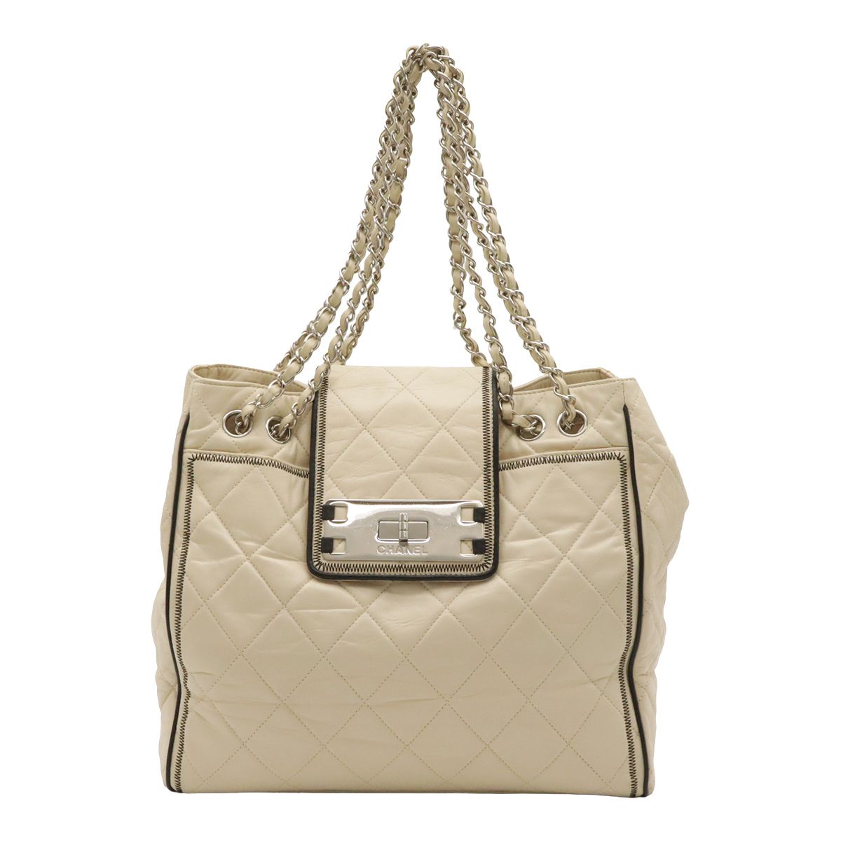 Chanel 2.55 Chain Tote Shoulder Bag Turnlock Leather White Silver