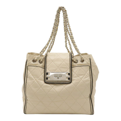 Chanel 2.55 Chain Tote Shoulder Bag Turnlock Leather White Silver