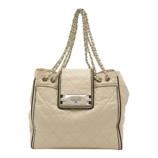 Chanel 2.55 Chain Tote Shoulder Bag Turnlock Leather White Silver