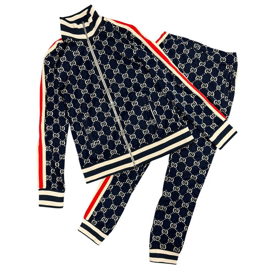Gucci Set GG Jacquard Jersey Zip Up Long Sleeve Pants Navy Silver Cotton XL