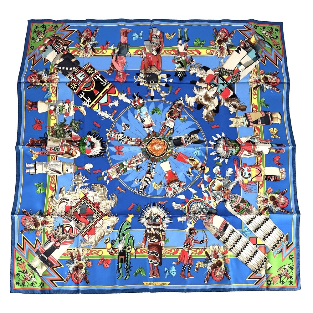 Hermes Scarf Carre 90 Kachinas Ethnic Items Silk Blue Multicolor