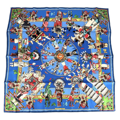 Hermes Scarf Carre 90 Kachinas Ethnic Items Silk Blue Multicolor