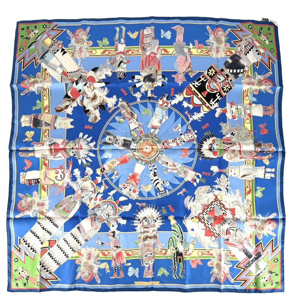 Hermes Scarf Carre 90 Kachinas Ethnic Items Silk Blue Multicolor — view 2