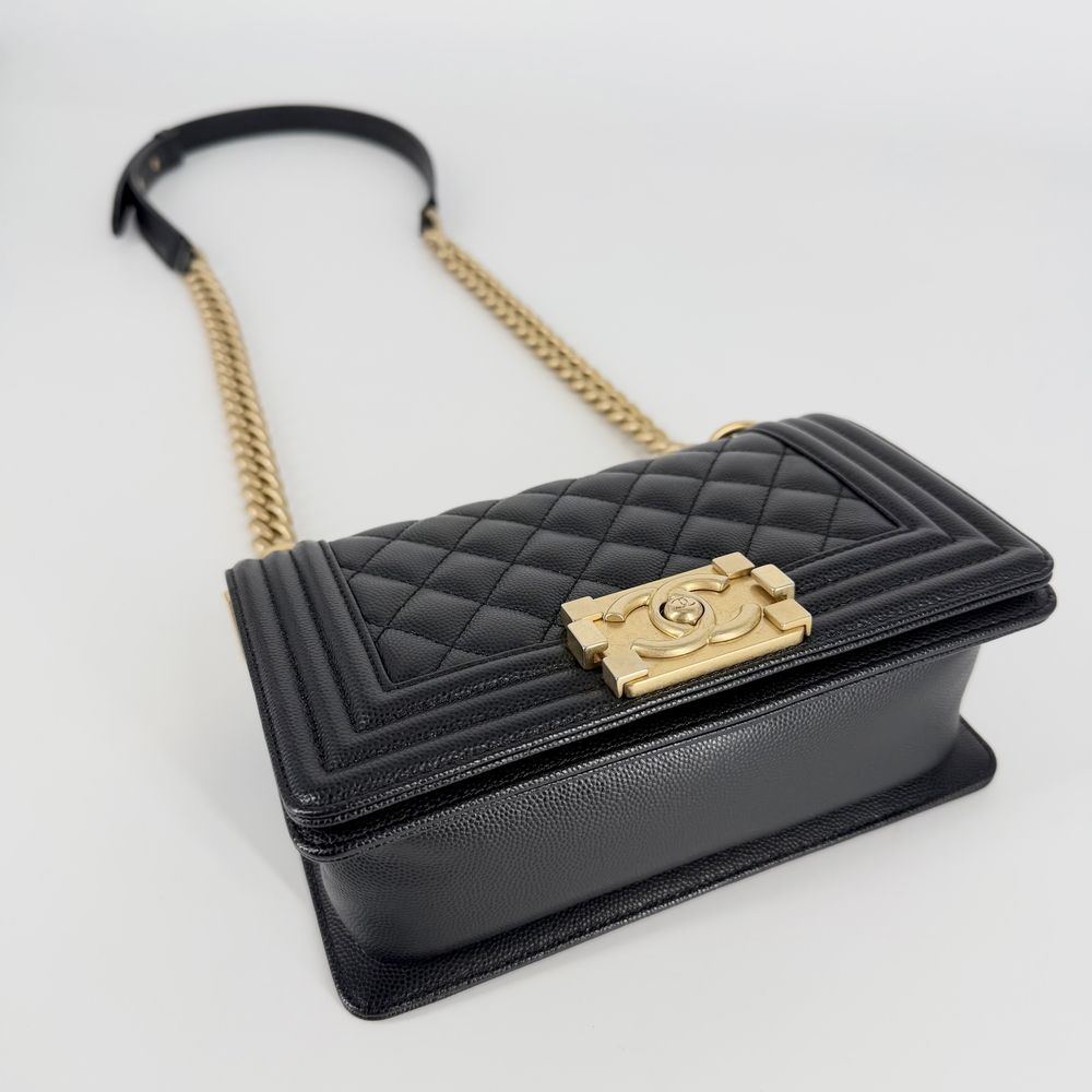 Chanel Shoulder Bag Quilted Boy CC Logo Crossbody Caviar Leather Black Gold — view 3