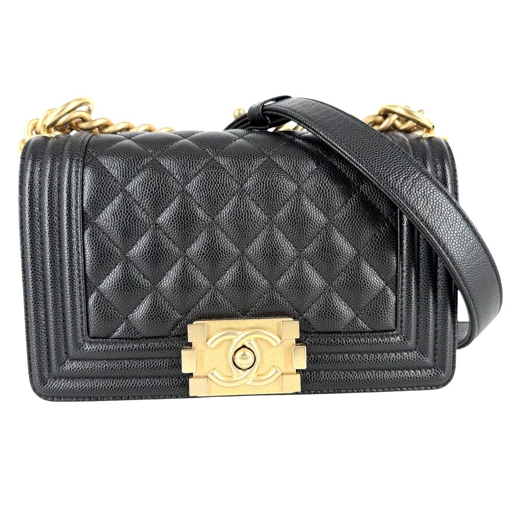 Chanel Shoulder Bag Quilted Boy CC Logo Crossbody Caviar Leather Black Gold