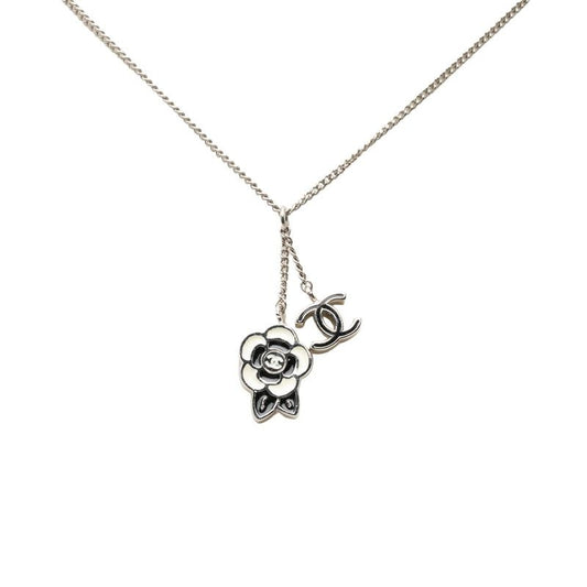 Chanel CC Logo Camellia Flower Motif Necklace 05P Silver Black White Metal