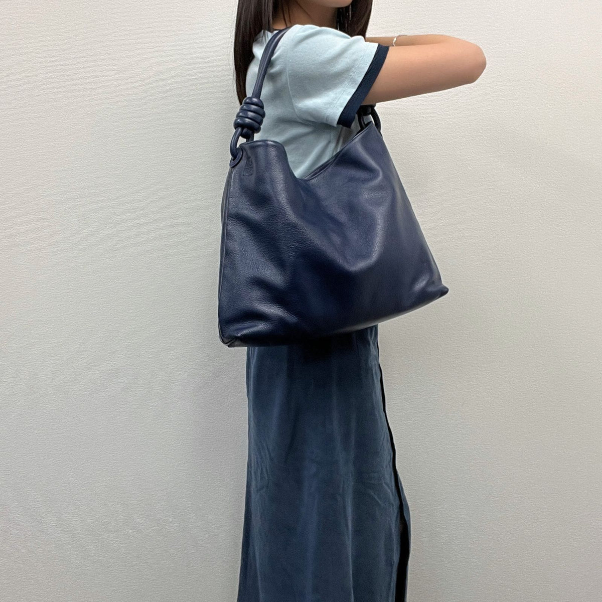 Loewe Anagram Embossed Ring Handle Hobo Shoulder Bag Leather Blue Vintage