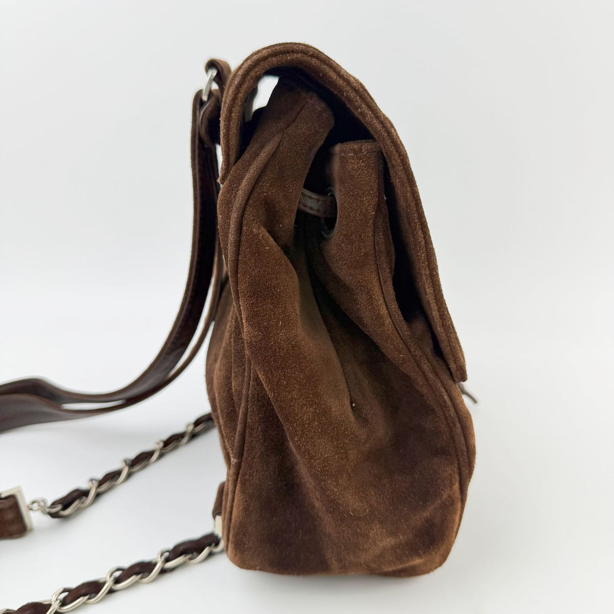 Chanel Triple CC Logo Drawstring Chain Strap Backpack Suede Leather Brown — view 5