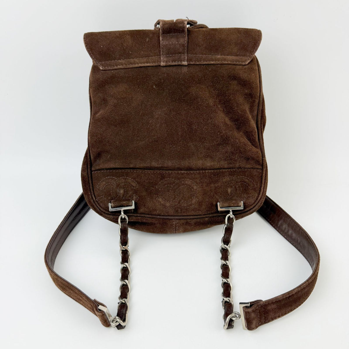 Chanel Triple CC Logo Drawstring Chain Strap Backpack Suede Leather Brown — view 4