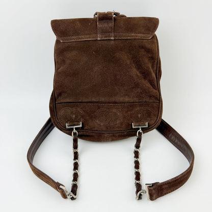 Chanel Triple CC Logo Drawstring Chain Strap Backpack Suede Leather Brown — view 4
