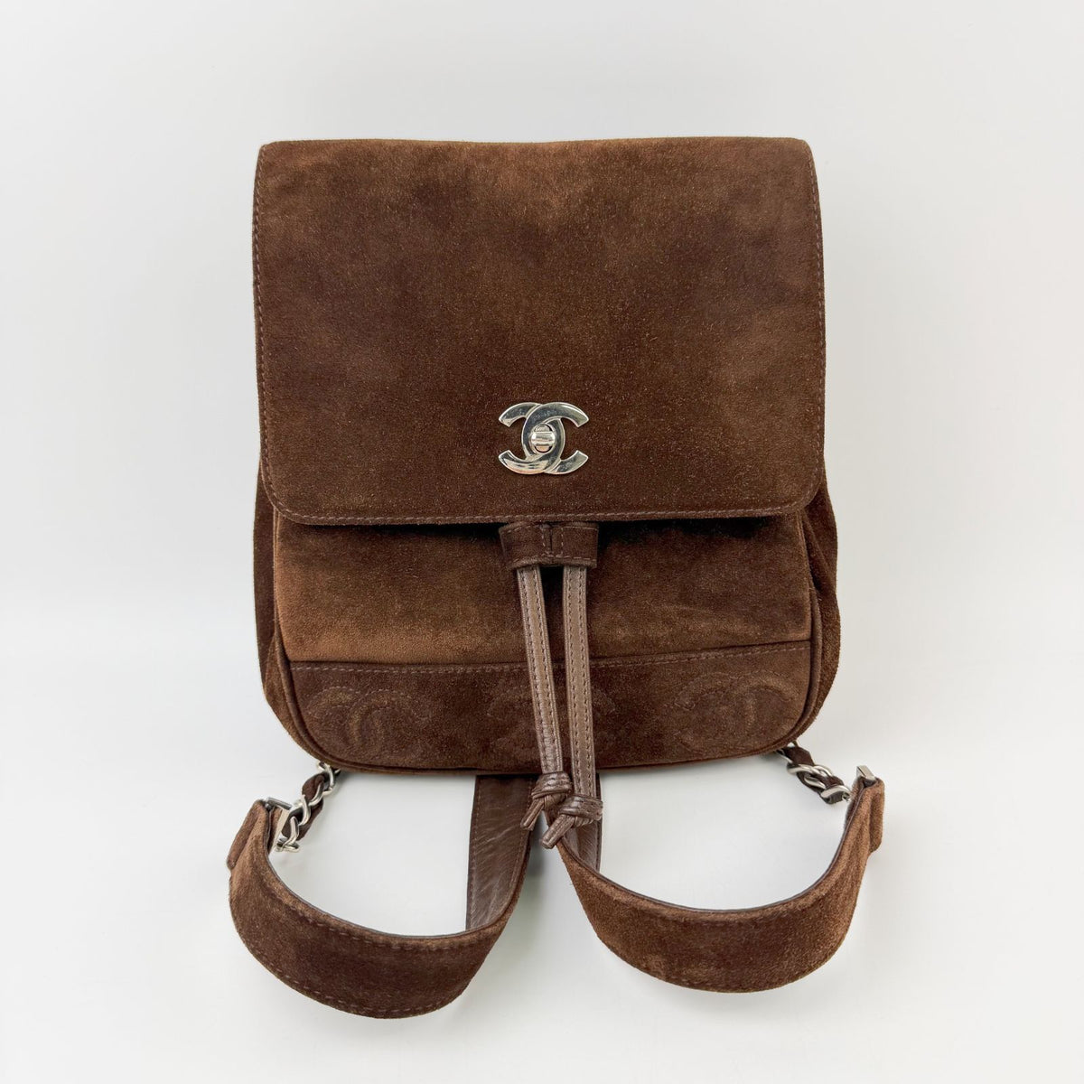Chanel Triple CC Logo Drawstring Chain Strap Backpack Suede Leather Brown — view 3