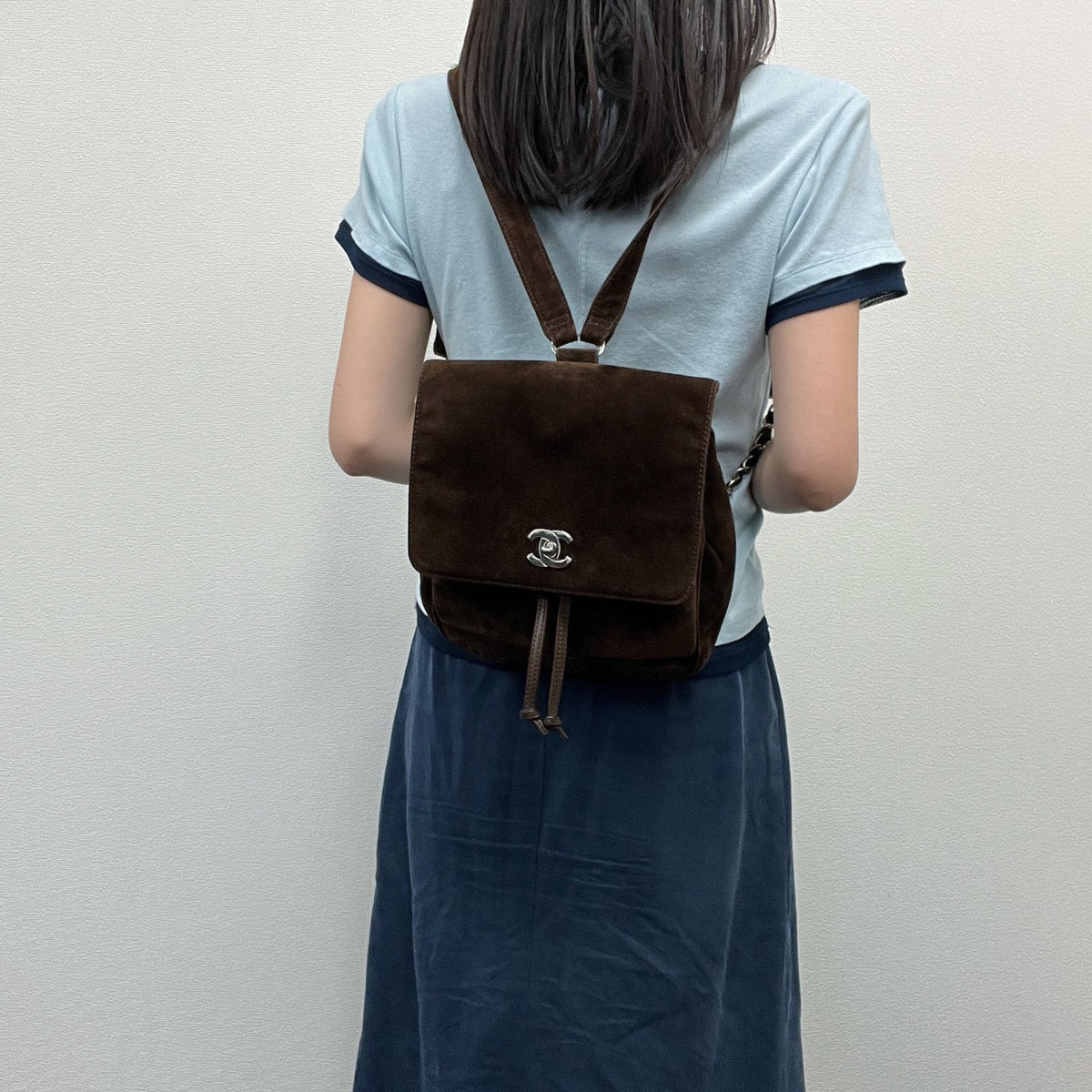 Chanel Triple CC Logo Drawstring Chain Strap Backpack Suede Leather Brown — view 2