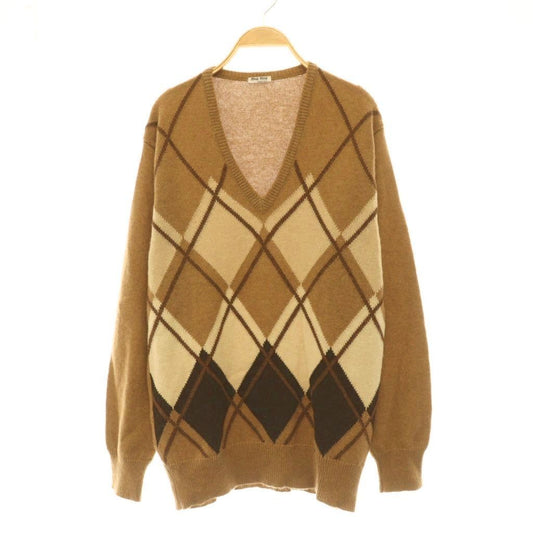 Miu Miu Argyle Camel Knit Sweater Long Sleeve Mocha Light Beige Brown 40