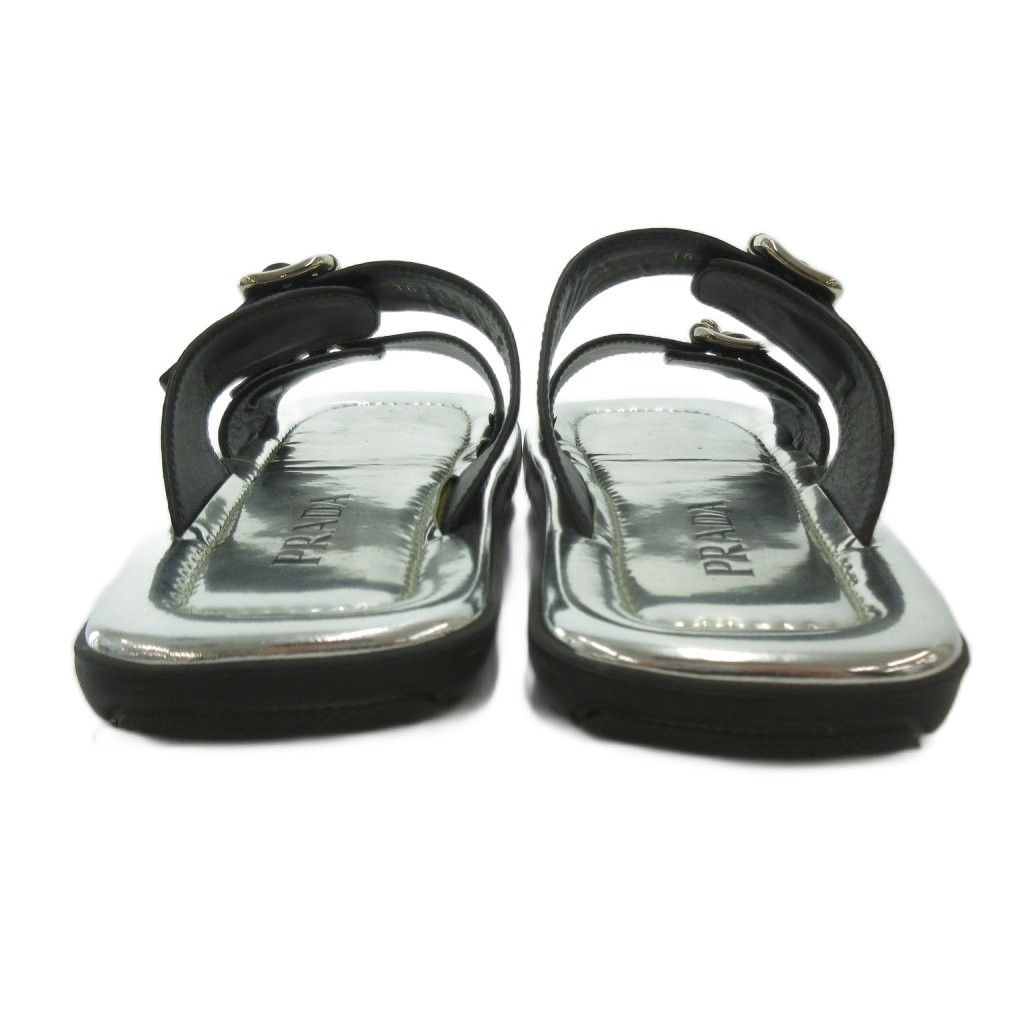 Prada Flat Sandals Slide Buckle Mode Square Toe Silver Colored Black MX — view 3