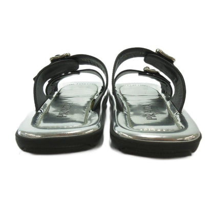 Prada Flat Sandals Slide Buckle Mode Square Toe Silver Colored Black MX — view 3