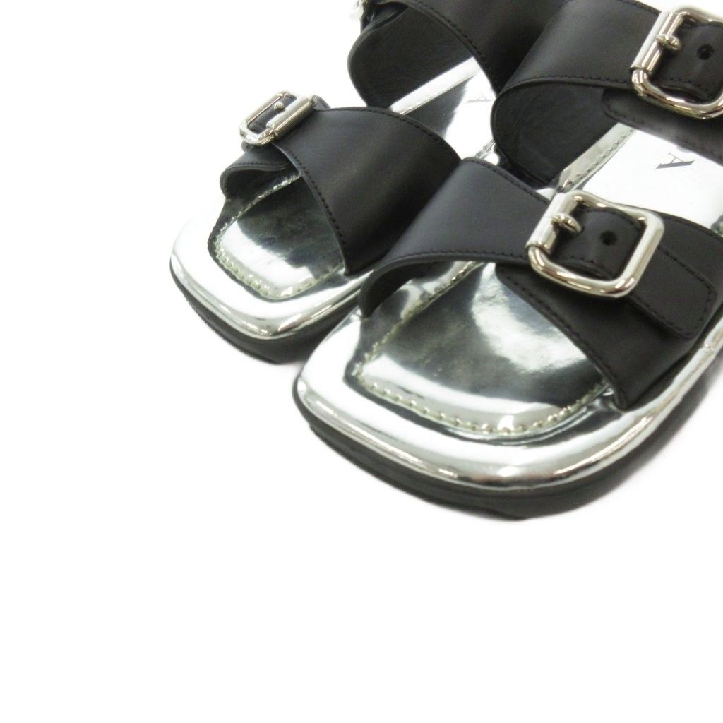Prada Flat Sandals Slide Buckle Mode Square Toe Silver Colored Black MX — view 5