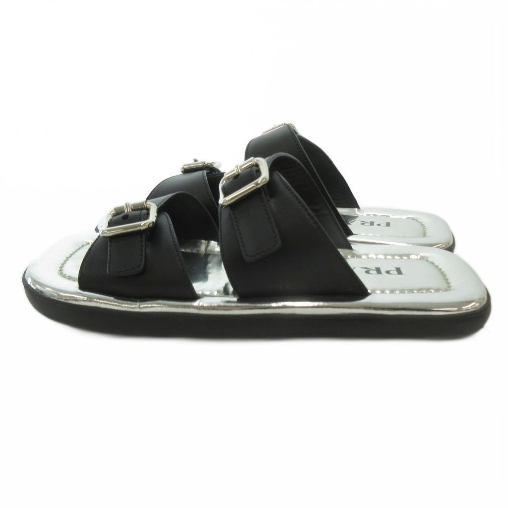 Prada Flat Sandals Slide Buckle Mode Square Toe Silver Colored Black MX — view 2