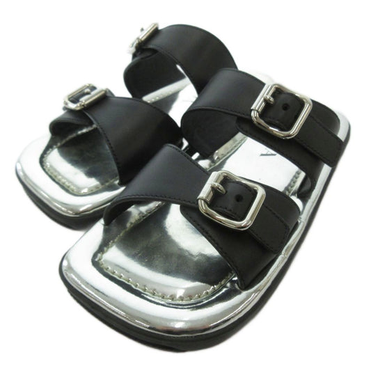 Prada Flat Sandals Slide Buckle Mode Square Toe Silver Colored Black MX