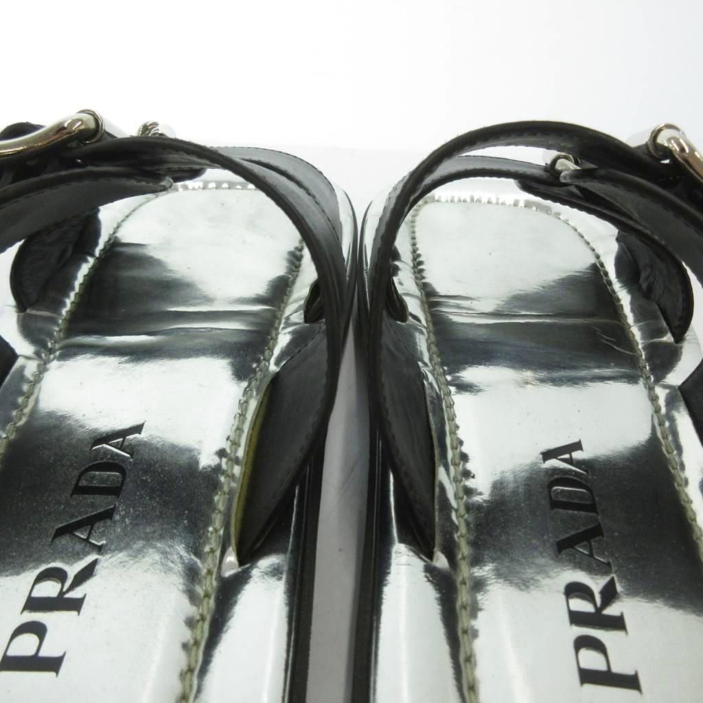 Prada Flat Sandals Slide Buckle Mode Square Toe Silver Colored Black MX — view 6