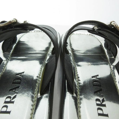 Prada Flat Sandals Slide Buckle Mode Square Toe Silver Colored Black MX — view 6