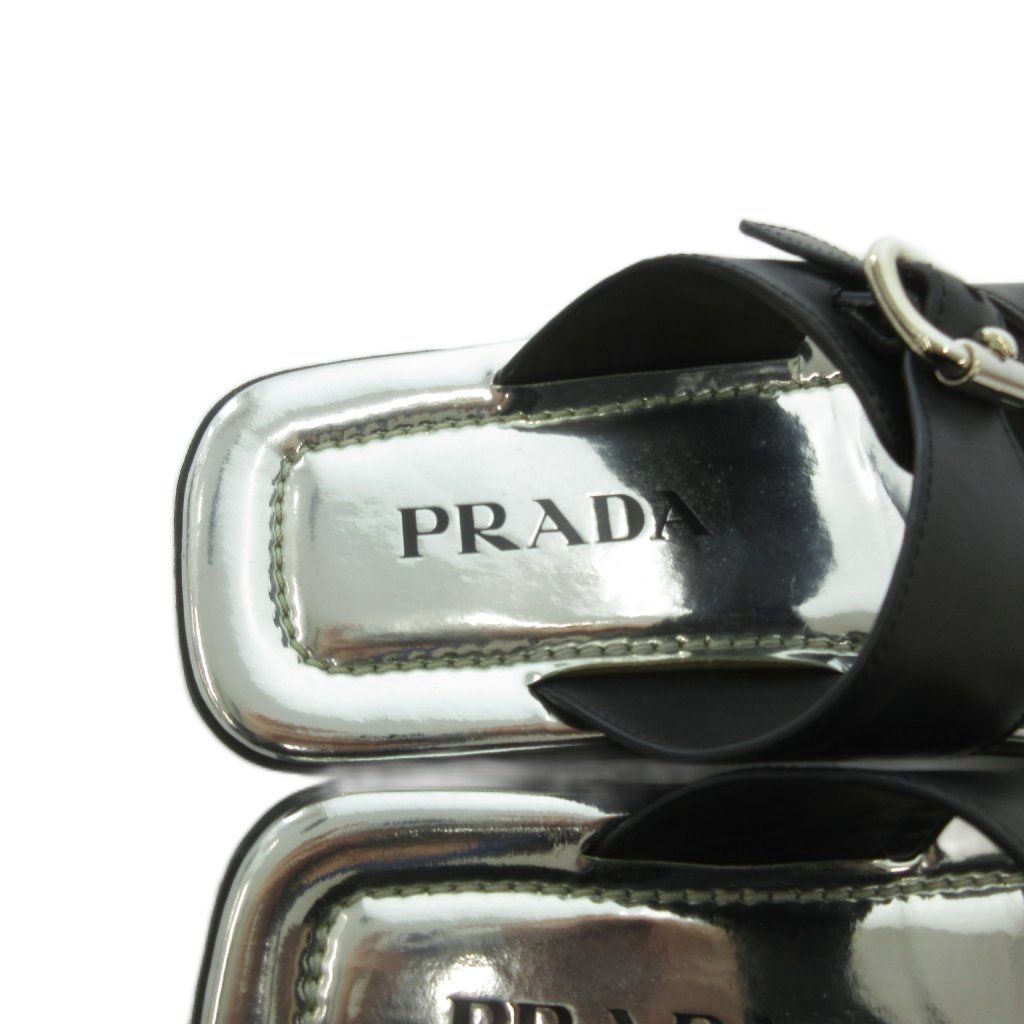 Prada Flat Sandals Slide Buckle Mode Square Toe Silver Colored Black MX — view 8