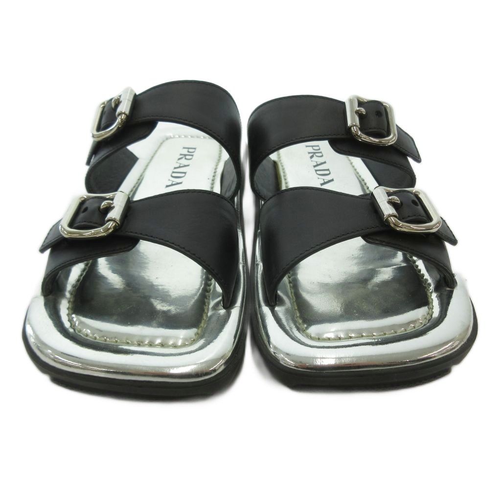 Prada Flat Sandals Slide Buckle Mode Square Toe Silver Colored Black MX — view 4