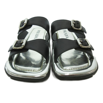 Prada Flat Sandals Slide Buckle Mode Square Toe Silver Colored Black MX — view 4
