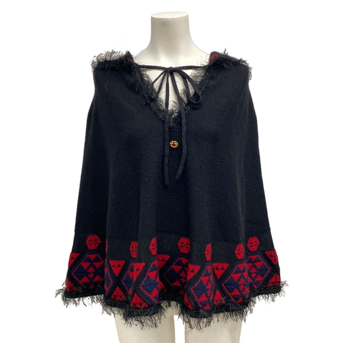 Chanel Poncho S Black Red Dark Navy Cashmere 36
