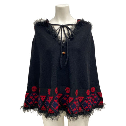 Chanel Poncho S Black Red Dark Navy Cashmere 36