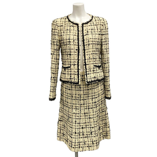 Chanel Skirt Suit Ivory Black Tweed Sequins Plaid Cotton