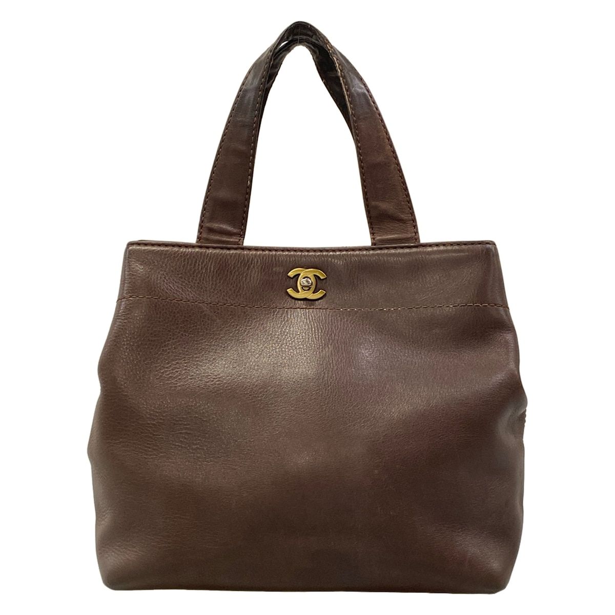 Chanel Tote Bag Dark Brown Gold Turnlock Leather