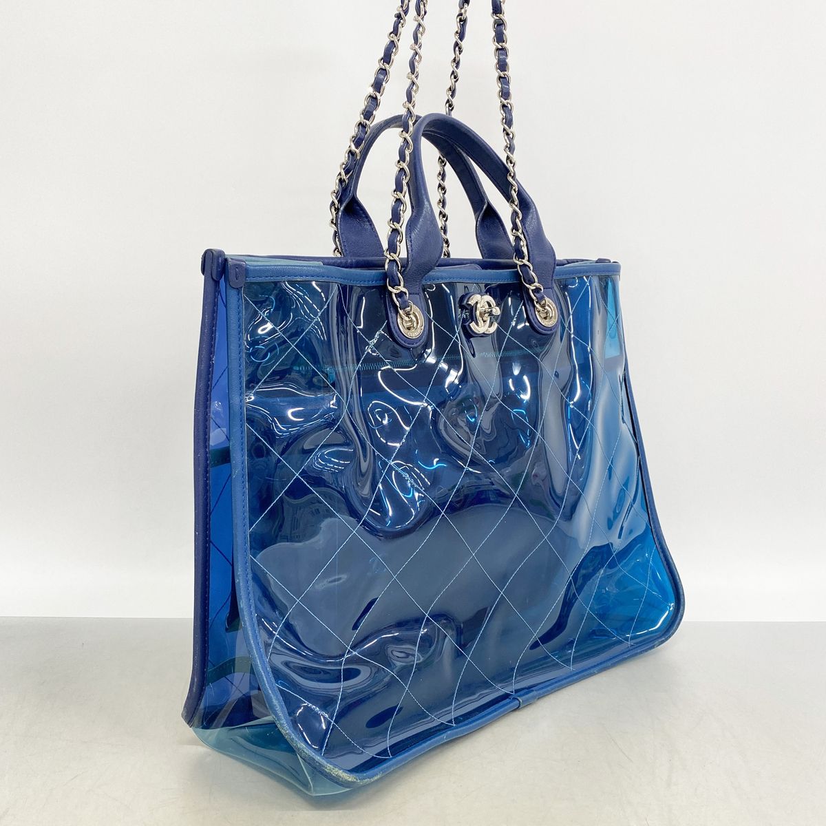 Chanel Chain Tote Bag Coco Splash Vinyl Blue Silver 2-Way — view 2