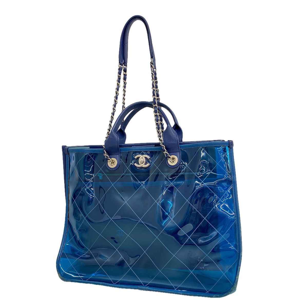 Chanel Chain Tote Bag Coco Splash Vinyl Blue Silver 2-Way