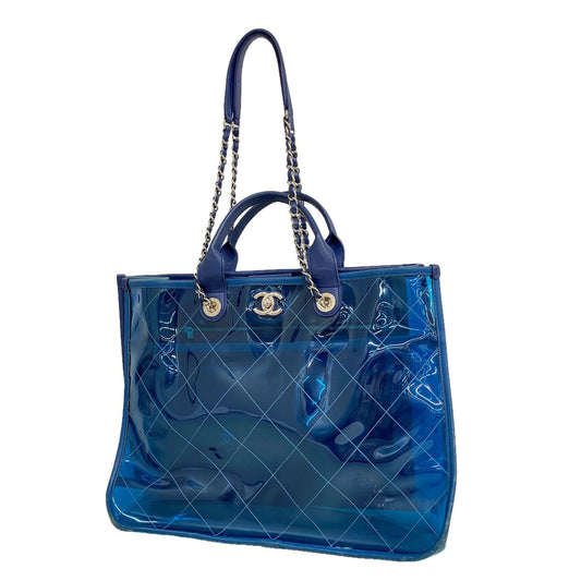 Chanel Chain Tote Bag Coco Splash Vinyl Blue Silver 2-Way