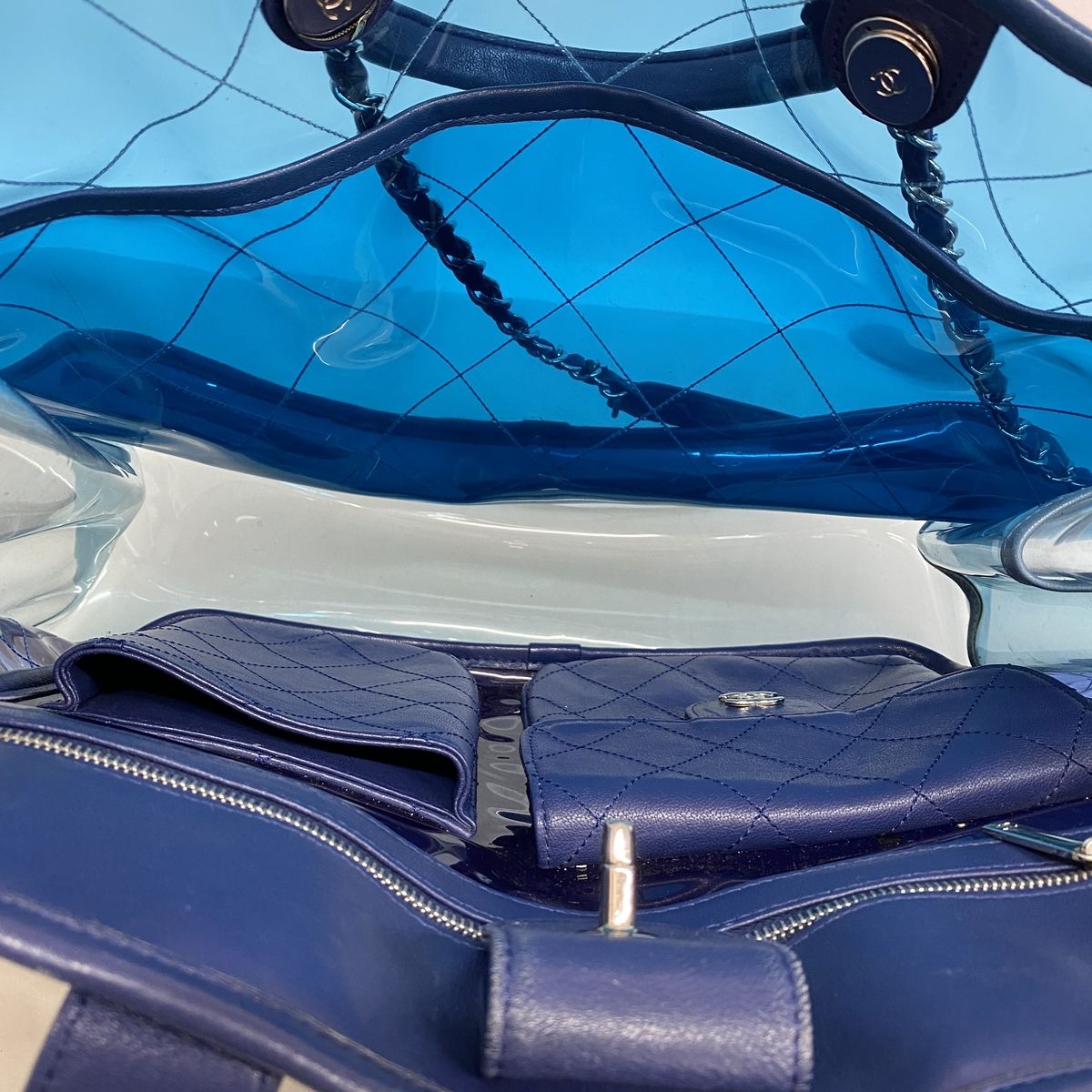 Chanel Chain Tote Bag Coco Splash Vinyl Blue Silver 2-Way — view 4