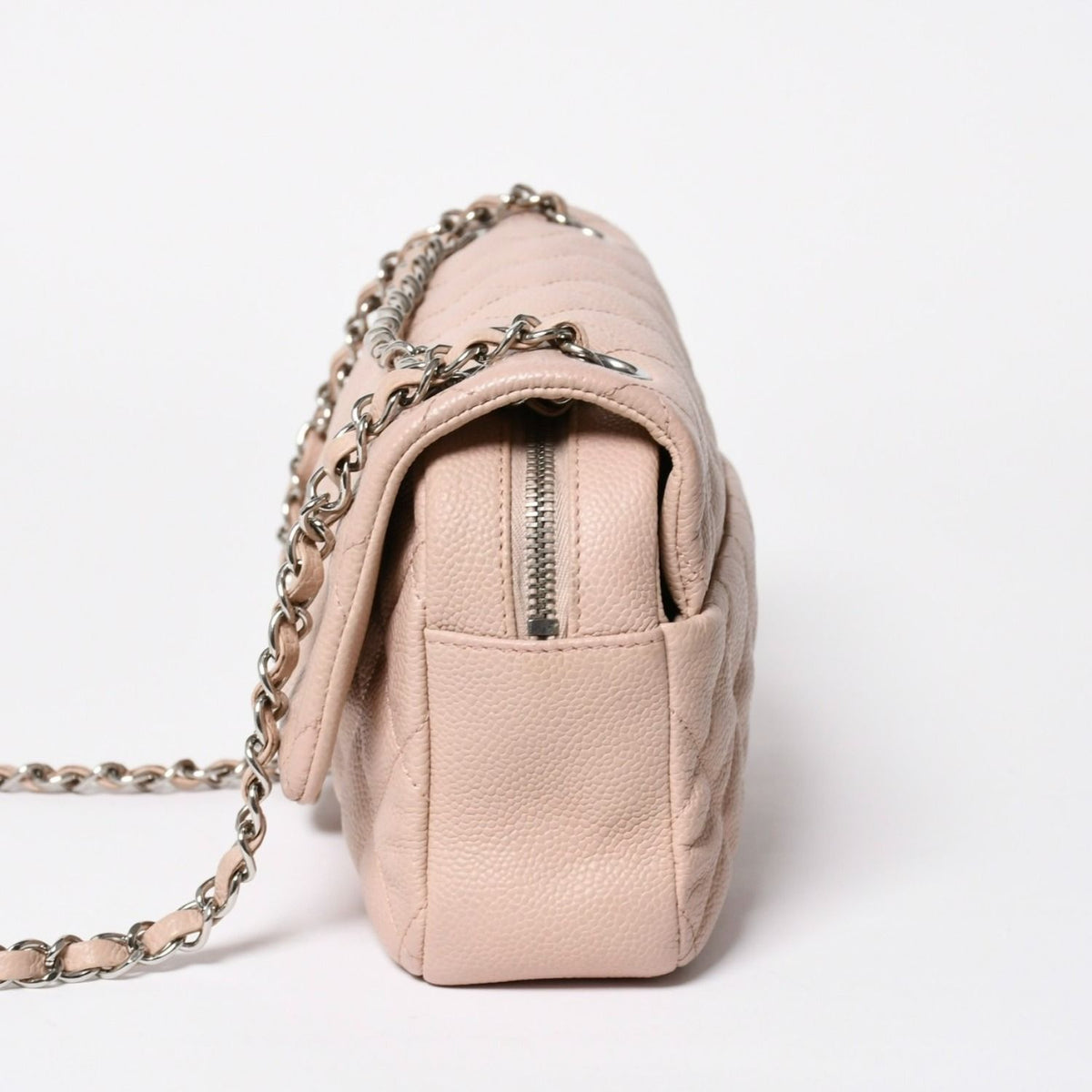 Chanel Quilted 25 Chain Shoulder Bag Caviar Leather Pink Silver — view 4