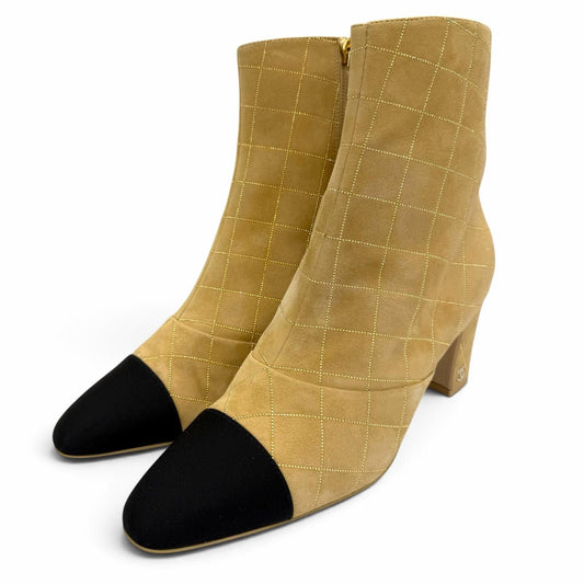 Chanel Suede Leather CC Logo Quilted Bicolor Short Boots Beige Black
